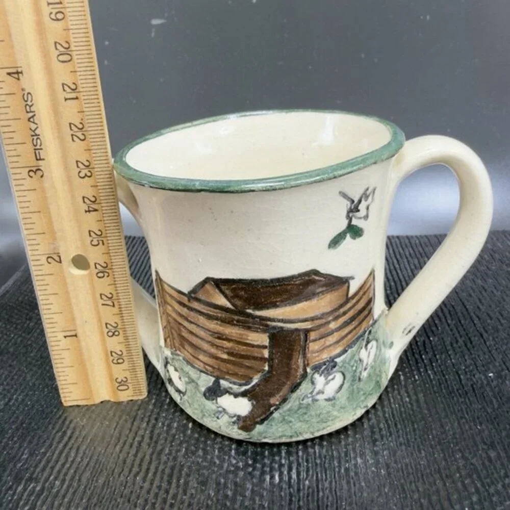 G Miller Signed Handcraft Art Pottery Double Handle Cup Mug Elephant Giraffe VTG